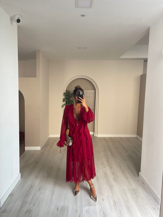 Vestido comprido c folhos - bordeux