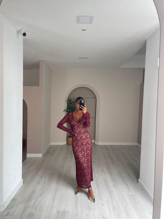 Vestido renda c/ manga - bordeux