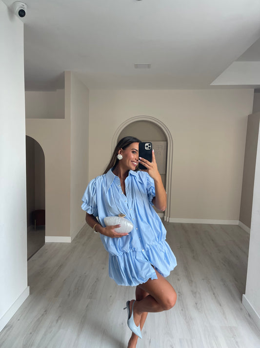 Vestido camiseiro curto - Azul bebé