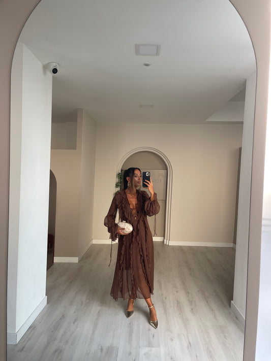 Vestido comprido c folhos - castanho