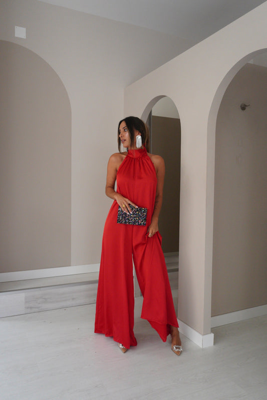 Jumpsuit em cetim - vermelho