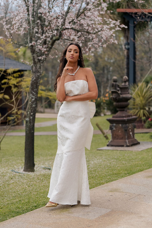 Vestido cai-cai texturado c/ laço nas costas - Branco