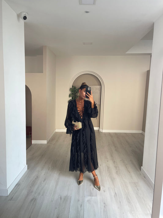 Vestido comprido c folhos - preto