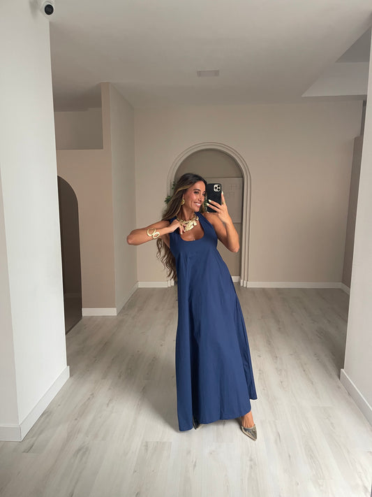 Vestido em algodão folho nas costas Lumina - Azul Marinho