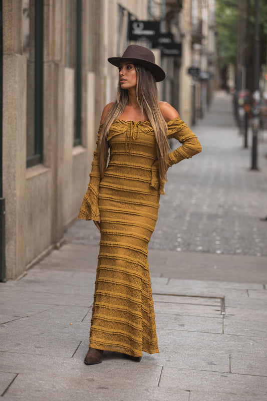 Vestido Renda off shoulder - camel