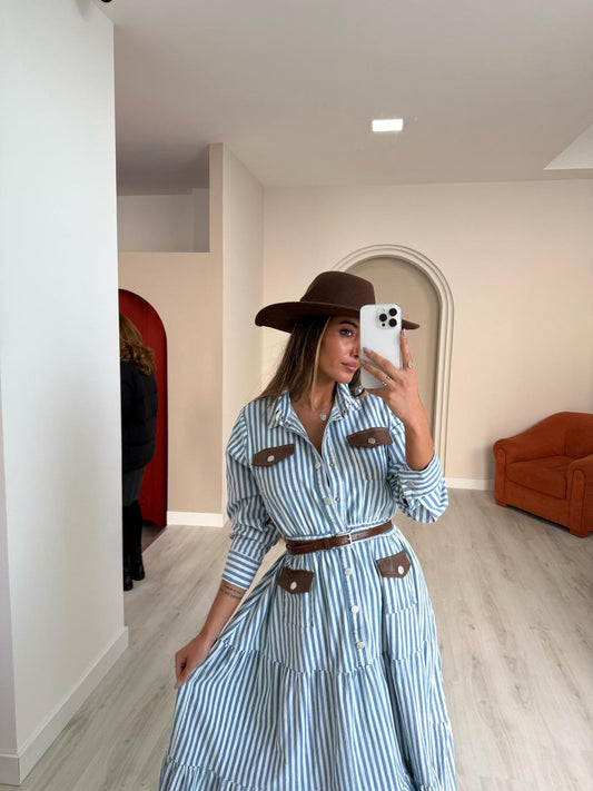 Vestido Riscas c/ pormenor em ecopele castanho