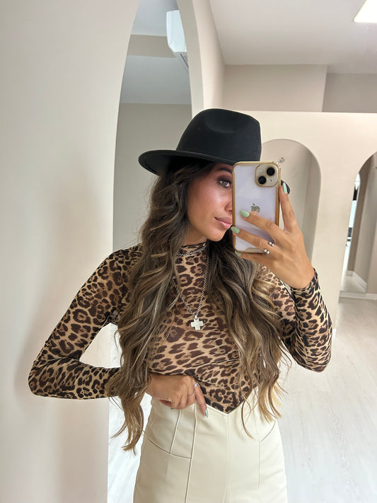 Body Leopardo c/ transparência manga comprida