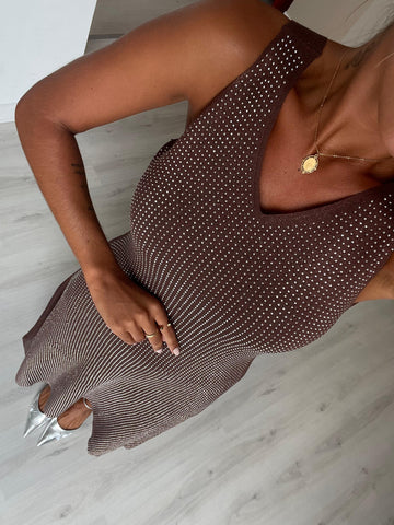 Vestido de malha com brilho - castanho