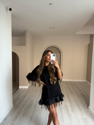 Túnica/Vestido c/ pormenor de tule e lantejoulas - Preto