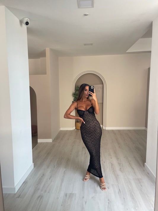 Vestido renda comprido - Preto