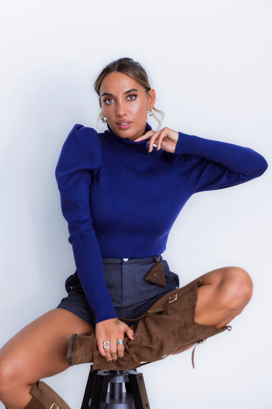 Camisola c/ manga abalonada c/ gola  - azul marinho