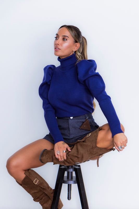 Camisola c/ manga abalonada c/ gola  - azul marinho