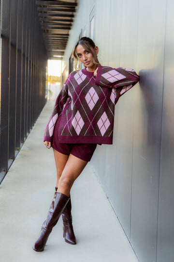 Camisola losângulos - rosa c/bordeux