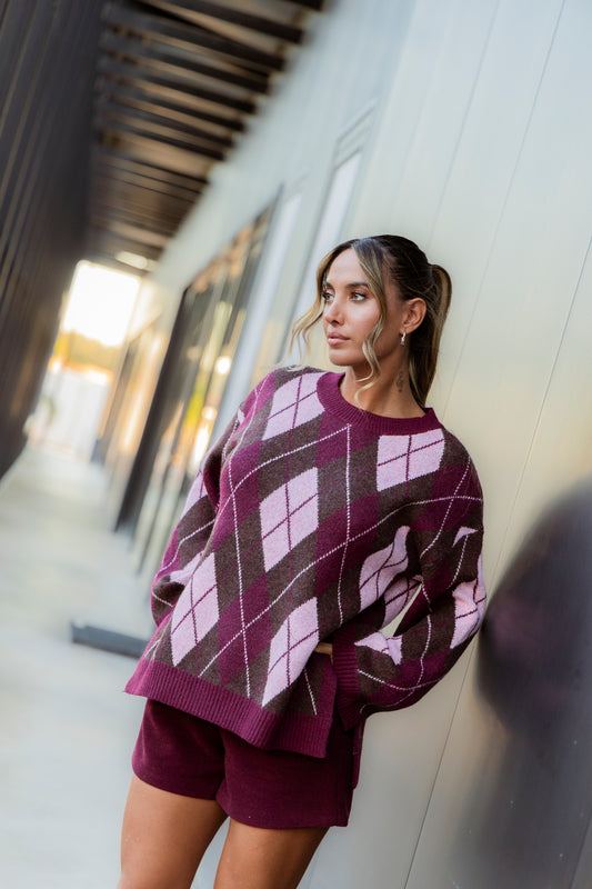 Camisola losângulos - rosa c/bordeux