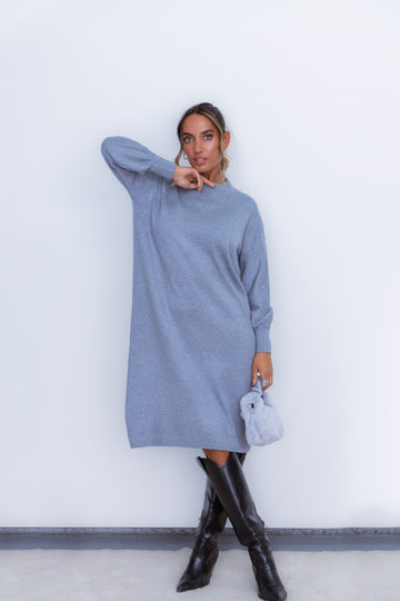 Vestido malha + carteira de pêlo - cinza