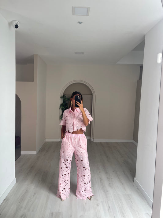 conjunto blusa + calça rendada - rosa