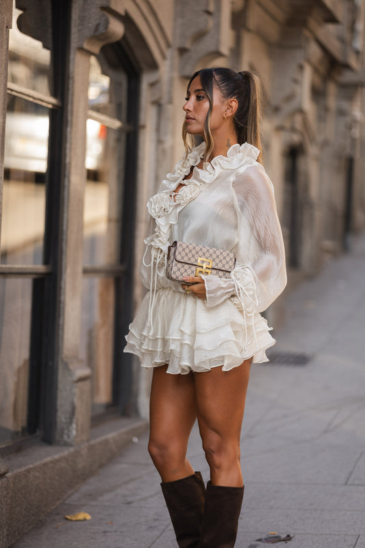 Conjunto calção + vestido flor - bege