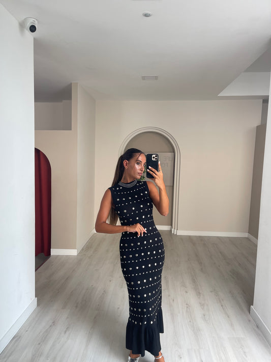Vestido de malha com tachas - preto