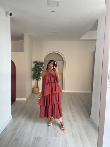 Vestido folhos - tijolo