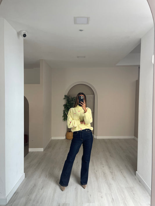 Calça wide leg c/ pormenor dourado na cintura - Ganga escura