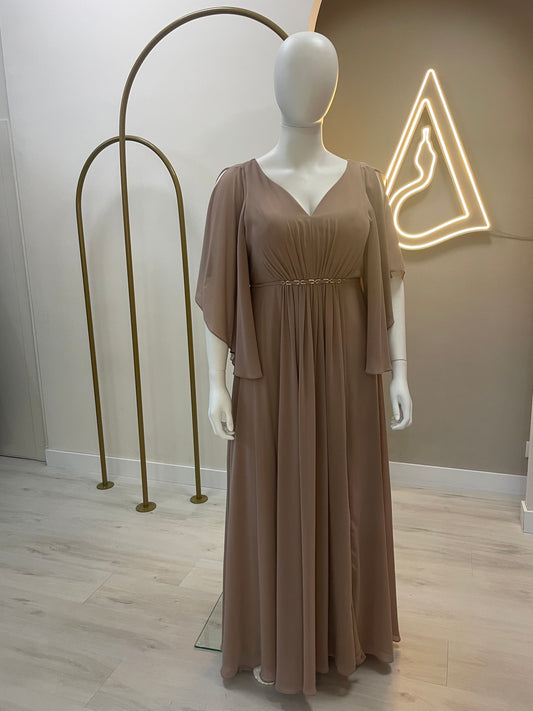 Vestido Brilhantes na cintura - Bege