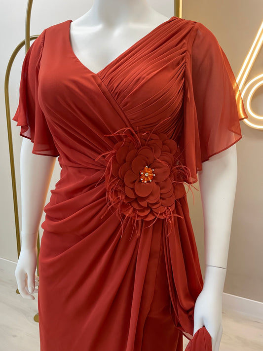 Vestido Flor c/ Brilhantes - Tijolo