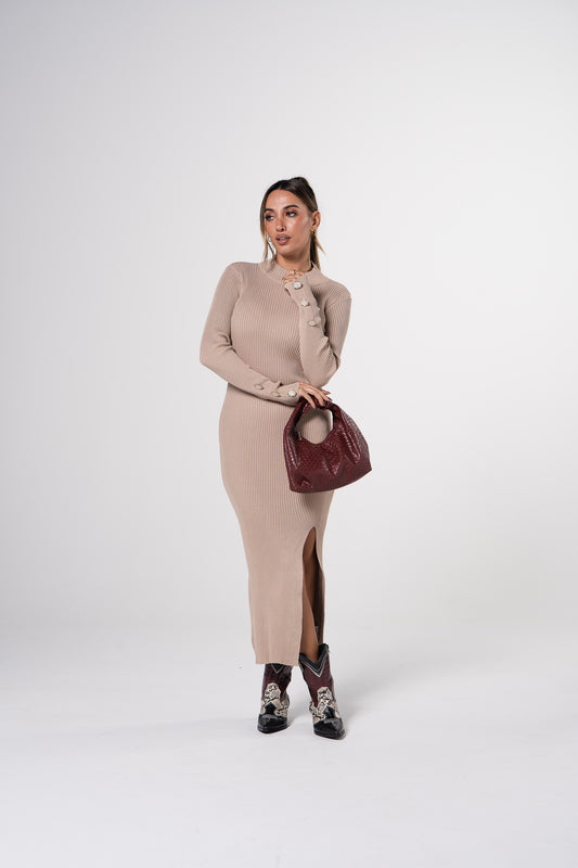 Vestido de Malha Canelado c/ botões na manga - camel