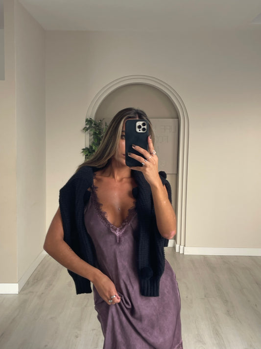 Vestido seda c/ renda - beringela