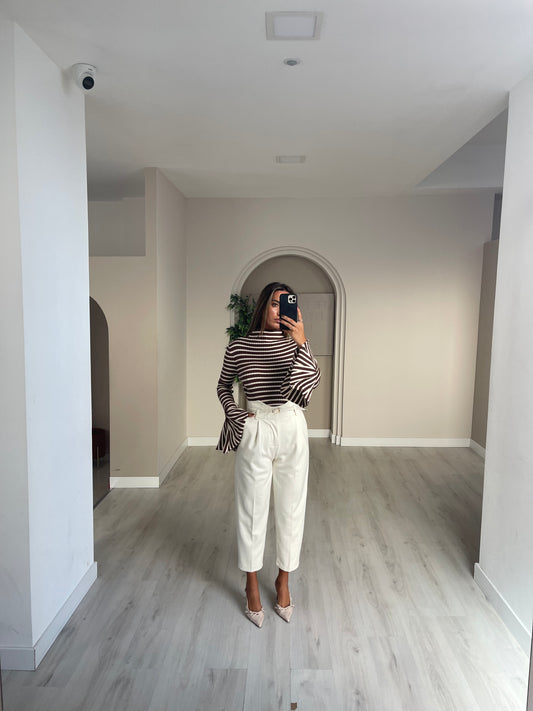 Calça de cinta subida em fazenda - bege