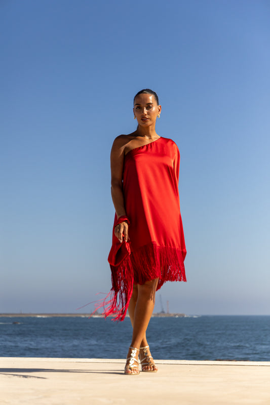 Vestido c/franjas c/mala - Vermelho