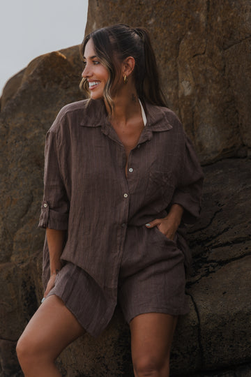 Conjunto Linho c/calção + camisa - Castanho
