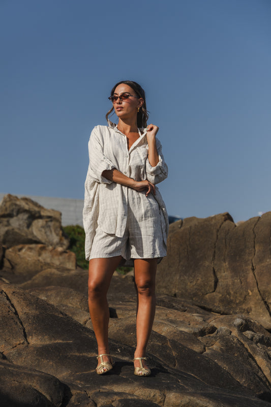 Conjunto Linho c/calção + camisa - Bege