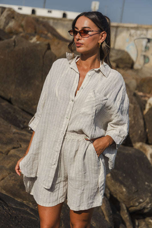 Conjunto Linho c/calção + camisa - Bege