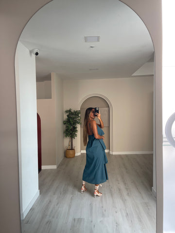 Vestido folhos - azul