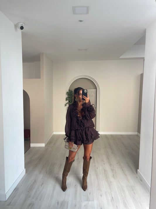 Conjunto calção + vestido flor - castanho
