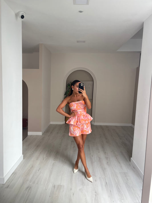 Conjunto top + calção - rosa c/ laranja