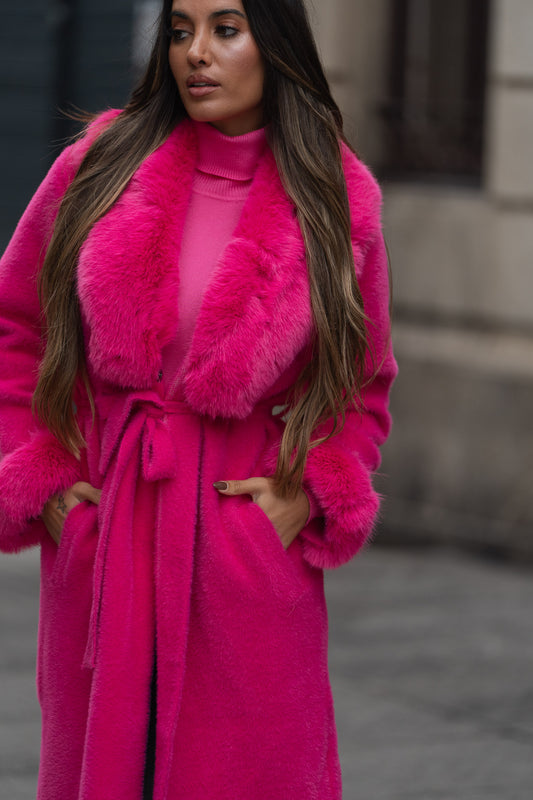 Casaco pelo comprido c/ cinto incluído - rosa fuchia