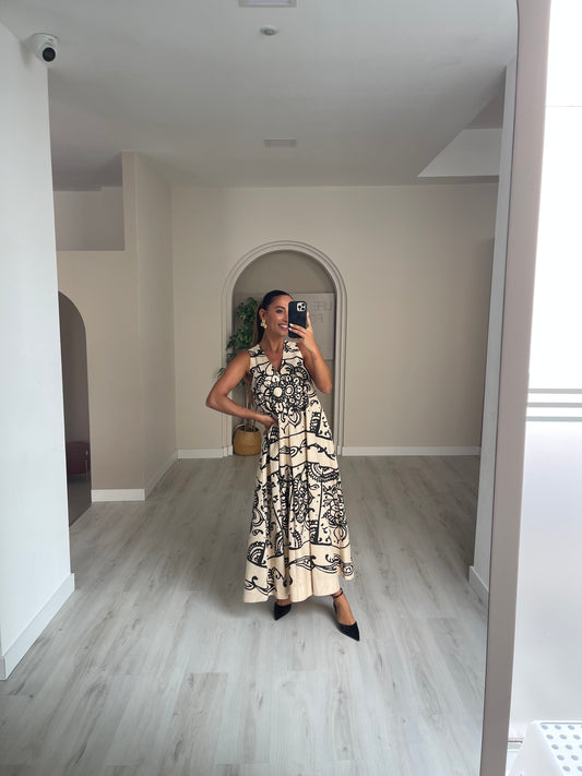 Vestido c/ padão lumina - preto c bege