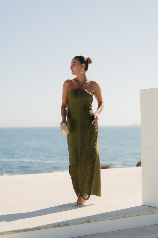 Vestido bandage com franjas - verde tropa