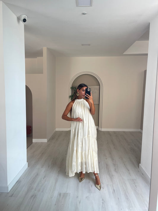 Vestido c/ flores bordadas - bege