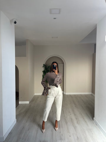 Calça de cinta subida em fazenda - bege