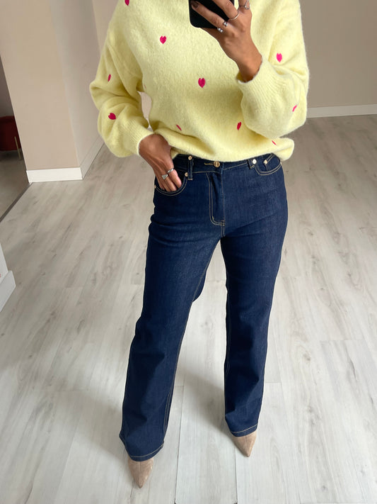 Calça wide leg c/ pormenor dourado na cintura - Ganga escura