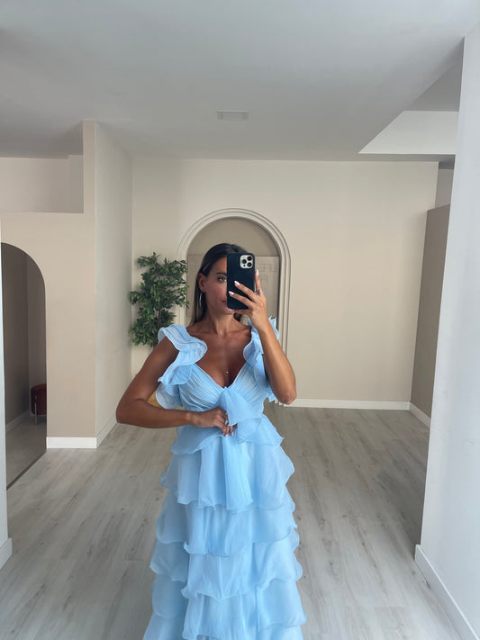 Vestido aos folhos azul bebé