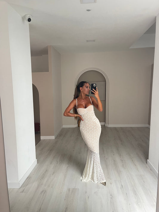 Vestido renda comprido c pelissado - branco