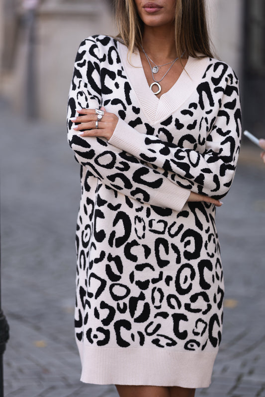 Vestido Leopardo c/ decote em V - bege c/ preto