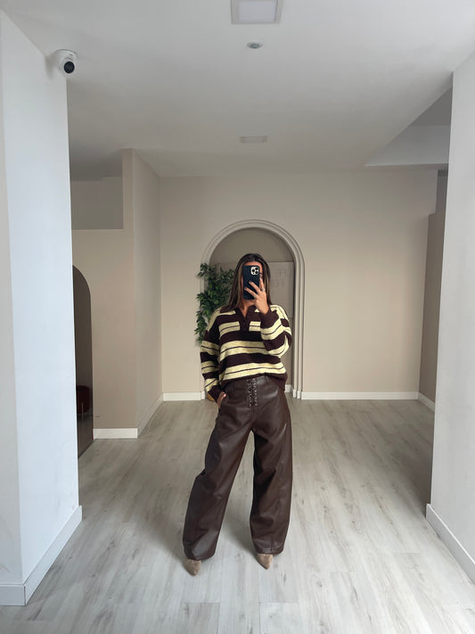 Calça wide leg ecopele - castanho