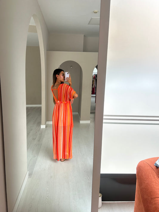 Vestido c/ manga morcego em croché - tons laranja