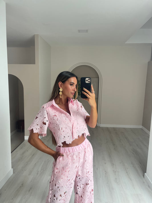 conjunto blusa + calça rendada - rosa