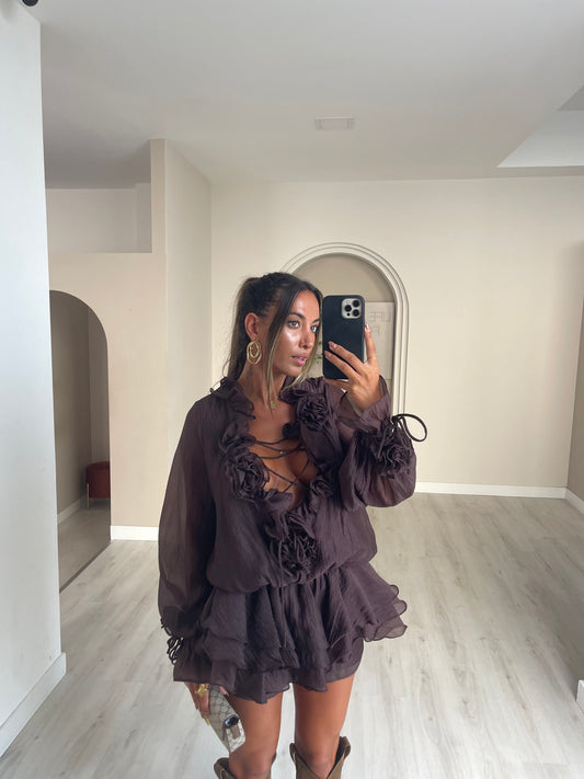 Conjunto calção + vestido flor - castanho
