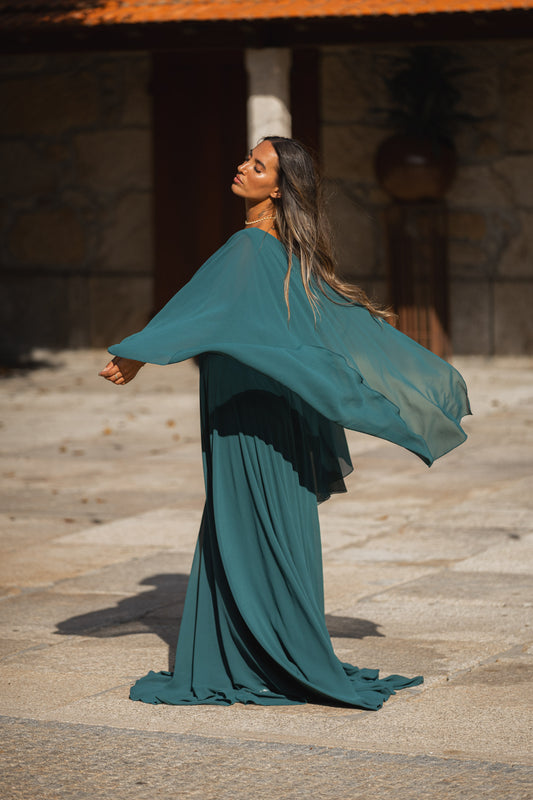 Vestido c/ capa embutida - petróleo